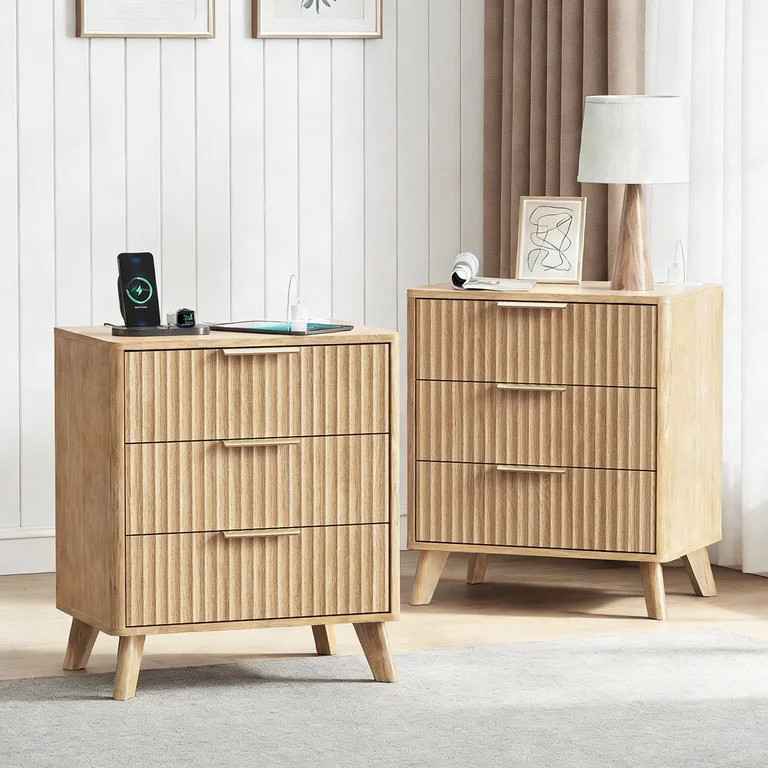 Fluted Nightstand Set of 2, Farmhouse Bedside Table with 3 Drawers, Wood Modern Side Table with C... | Walmart (US)