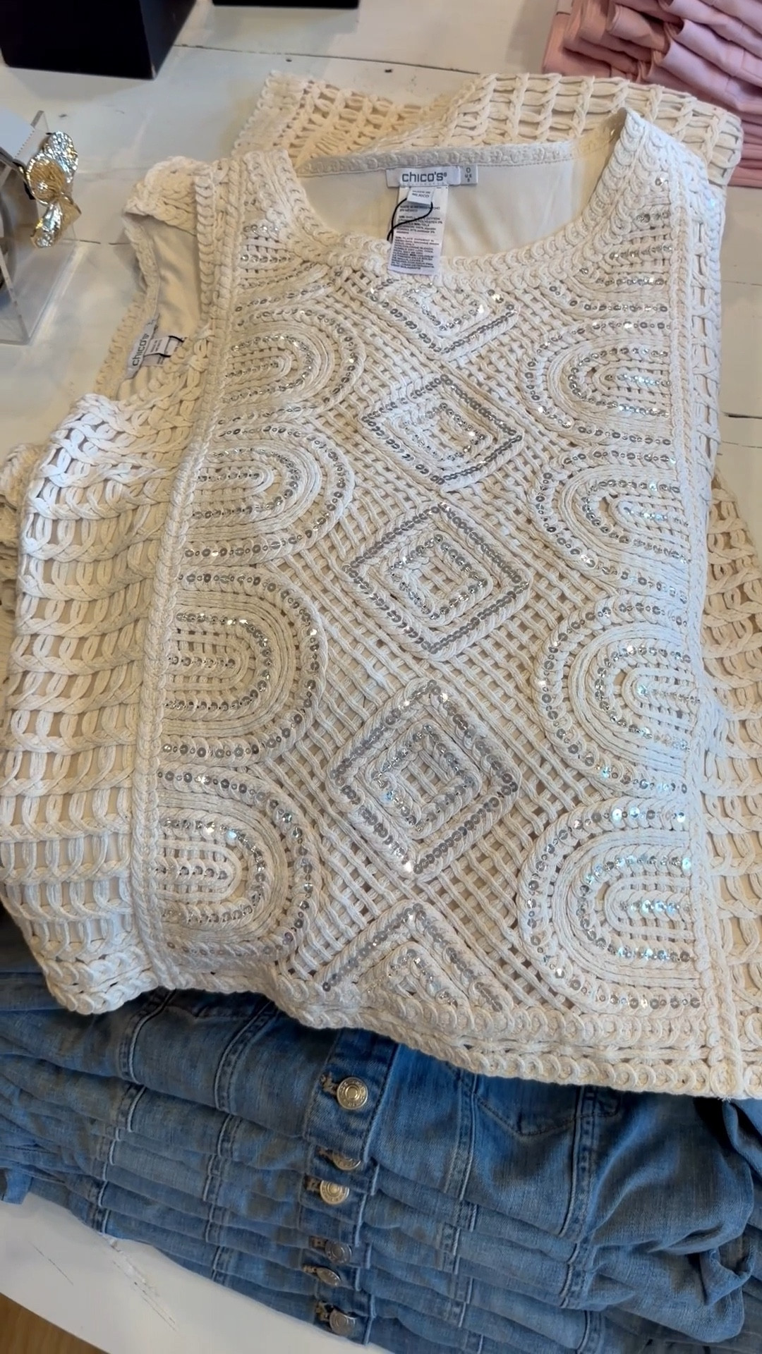 Fully lined crochet tank with sequins and modern geographic designs. Sleeveless, pullover sweater tank that unites beautifully with any bottoms.

#LTKWorkwear #LTKootd #LTKOver40