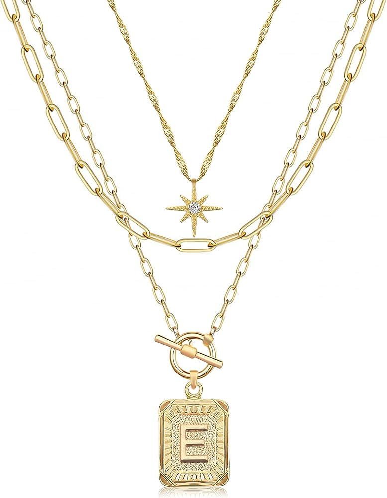 MJartoria Layered Initial Necklaces for Women Trendy, 14K Gold Plated Simple Star Choker Square L... | Amazon (US)