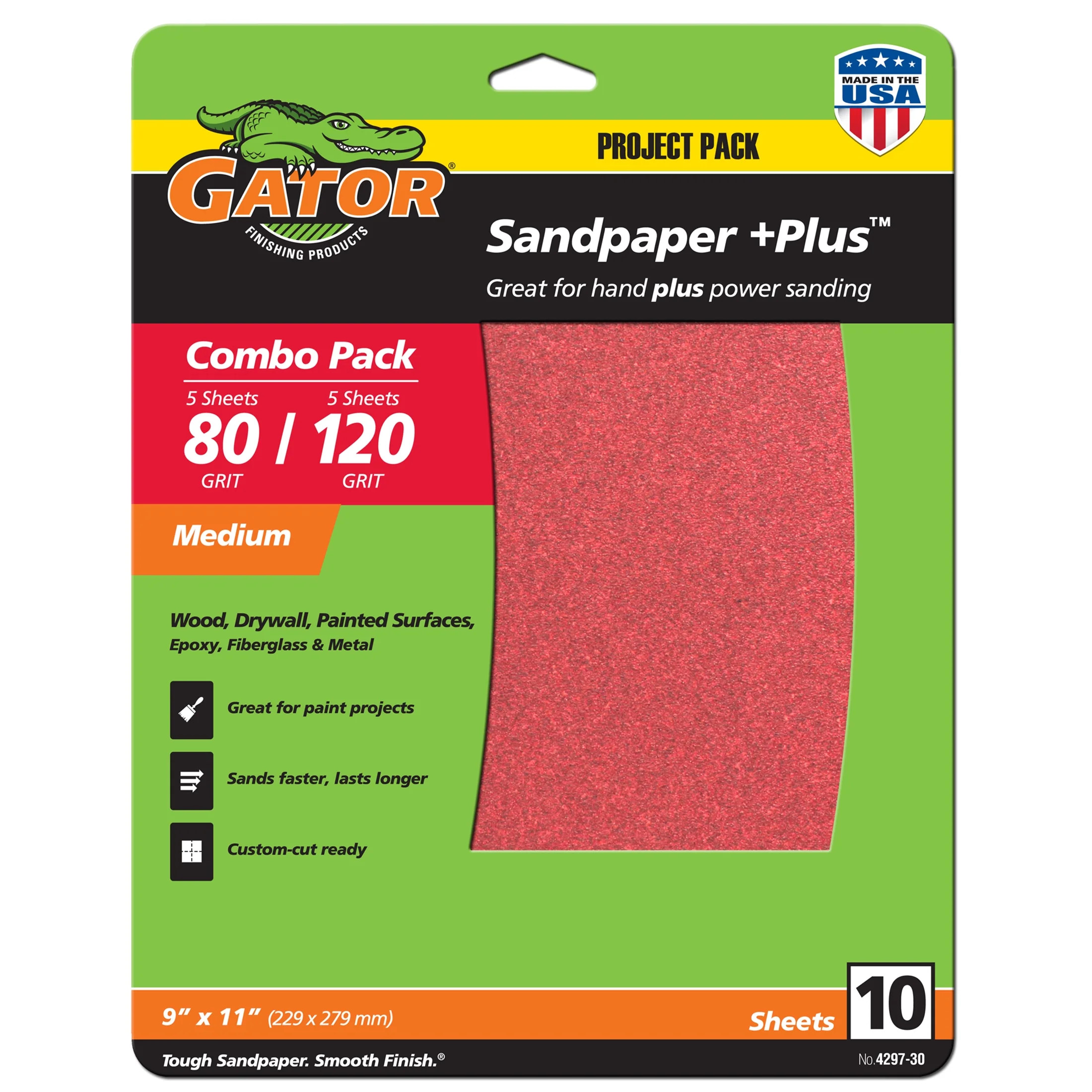 Gator 9-Inch x 11-inch Red Resin Aluminum Oxide Sanding Sheets 80 and 120 Grit - 10 Pack | Walmart (US)