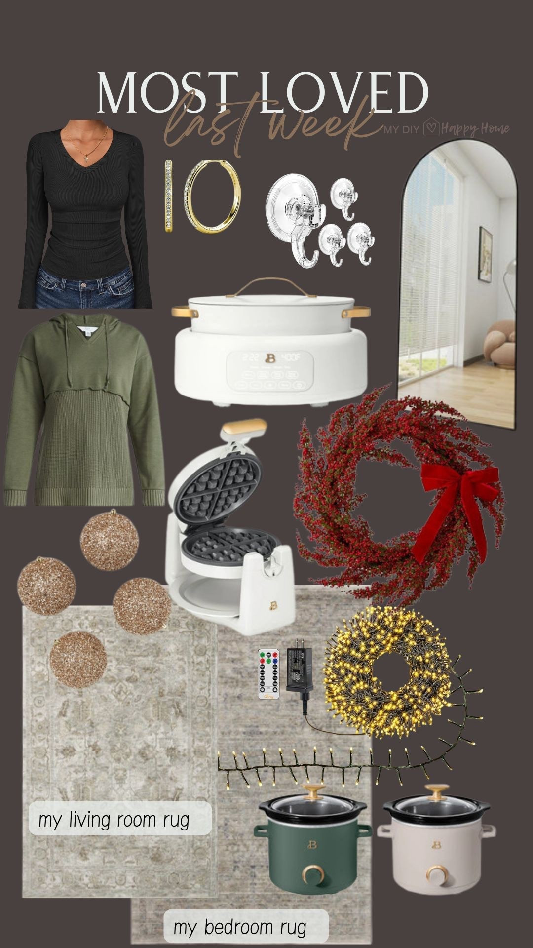 Last weeks most loved and best sellers:

•Beautiful multi cooker 
•red berry wreath 
•Vneck long sleeve top
•gold hoop earrings 
•wreath hangers 
•oversized arch mirror
•Tinsel ornaments 
•waffle maker 
•twinkle lights 
•mini slow cookers, set of 2
•my living room rug 
•my bedroom rug 

#LTKHoliday #LTKMidsize #LTKHome