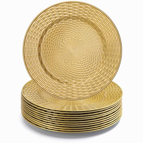 Mezchi Set of 12 Round Gold Charger Plates, 13 Inch Chargers for Dinner Plates, Faux Rattan Plastic Charger & Service Plates for Weddings, Events | Amazon (US)