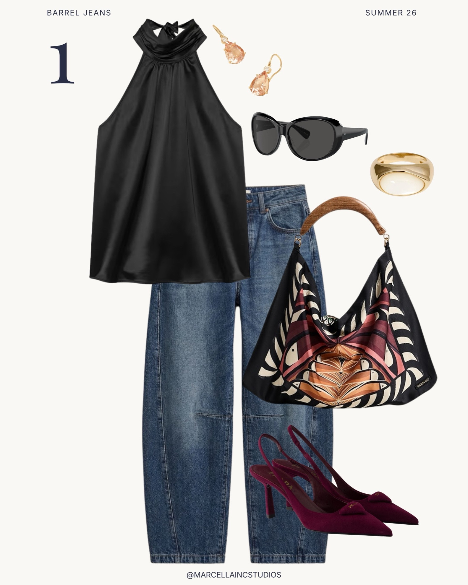 3 ways to style Reformation barrell jeans: 1. Night out silk halter and suede sling back heels with this Farm Rio bag I’m obsessed with! 2. Swap your sambas for the adidas Japan to elevate the look with a fitted tank to give the look balance 3. Chic rich happy hour navy and chocolate brown
