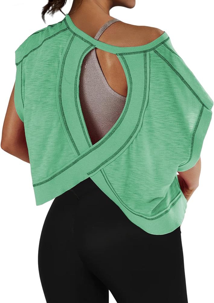 Open Back Oversized Cotton Workout Shirts for Women Casual Athletic Crop Baggy Gym Yoga T Shirts ... | Amazon (US)