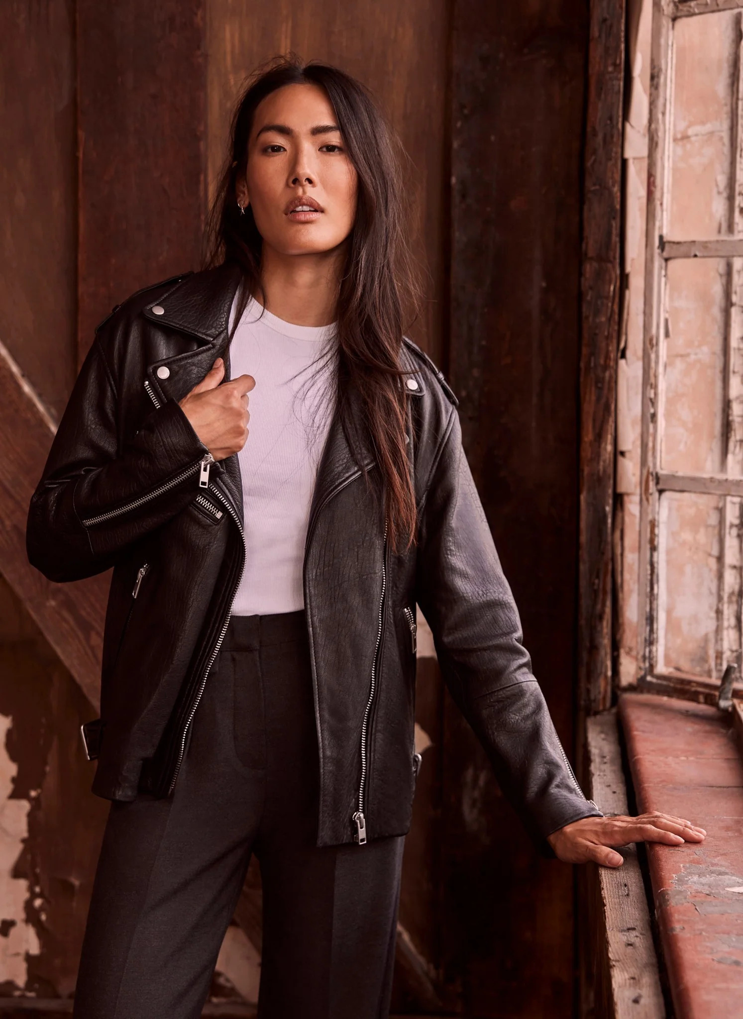 Black Oversized Leather Jacket | Mint Velvet