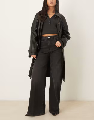 Mango Elise cotton mix pleat front wide leg jean in grey | ASOS (Global)