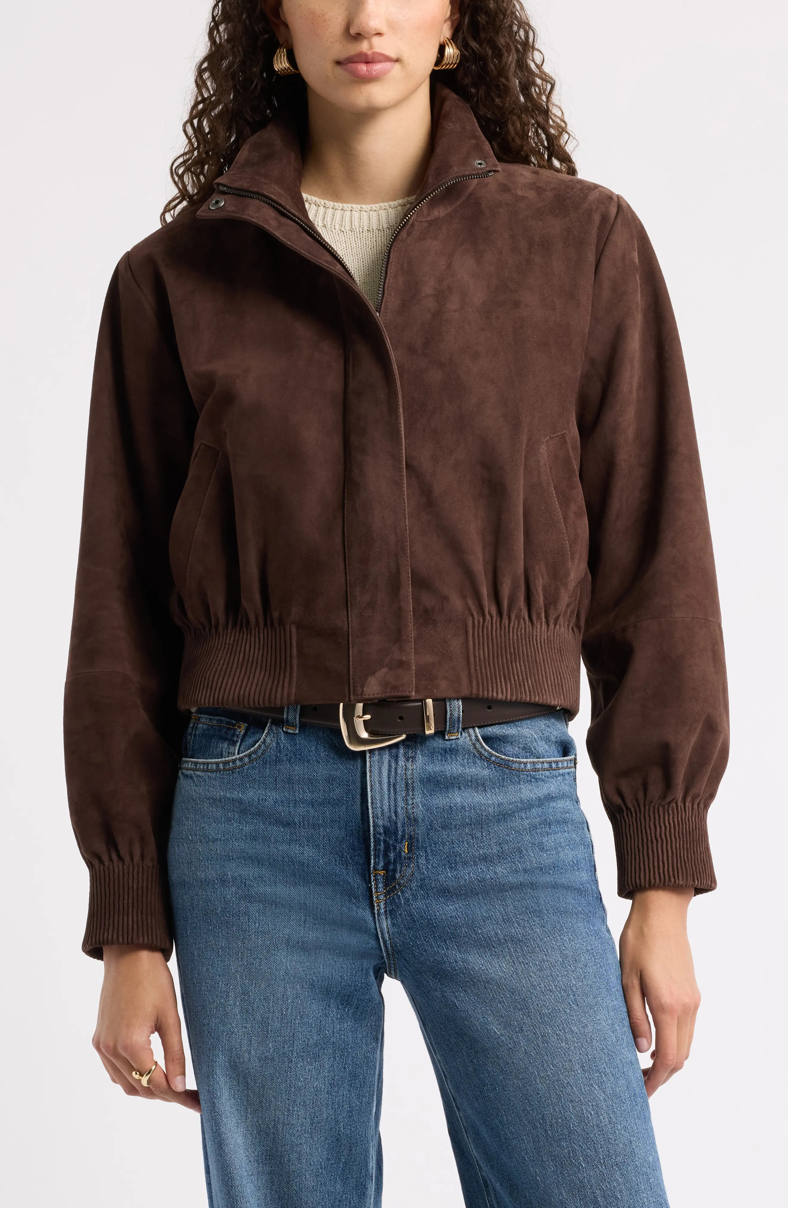 Nordstrom Funnel Neck Suede Bomber Jacket (Women) | Nordstrom | Nordstrom