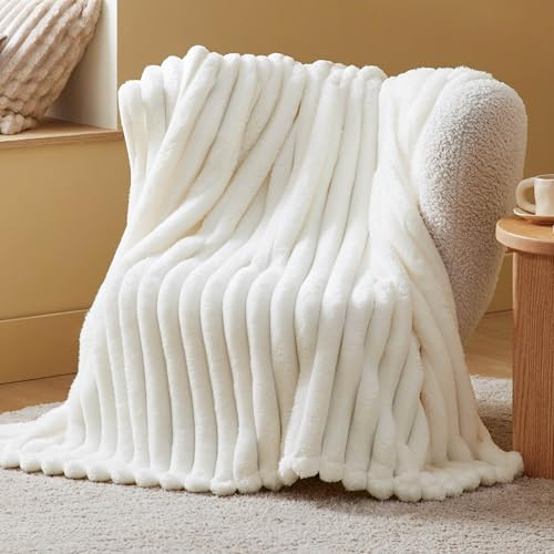 Bedsure White Throw Fleece Blanket for Couch - Super Soft Cozy Blankets for Women, Cute Small Blanket for Girls, 50x60 Inches, Wider Striped Design | Amazon (US)