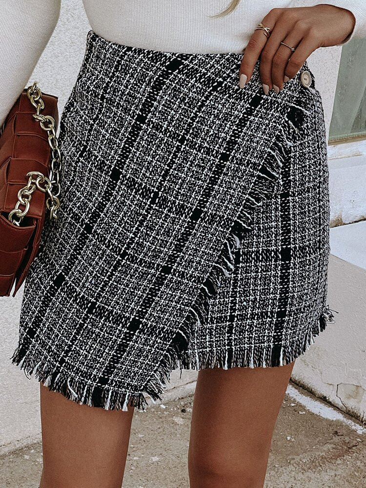 Plaid Fringe Trim Tweed Skirt | SHEIN