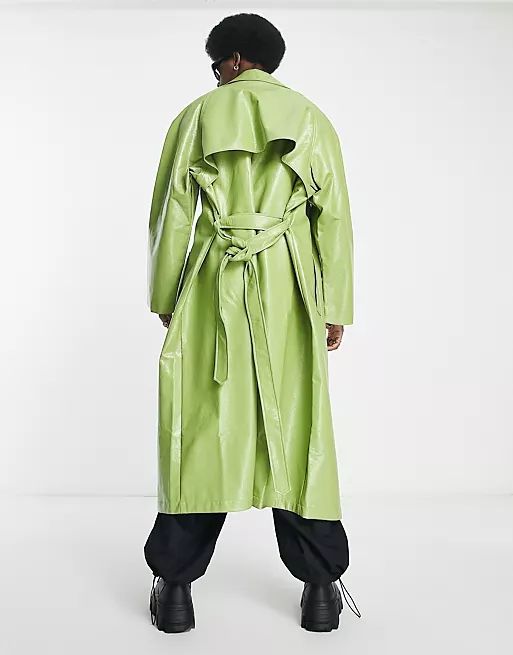ASOS DESIGN extreme oversized faux leather trench coat in green | ASOS (Global)