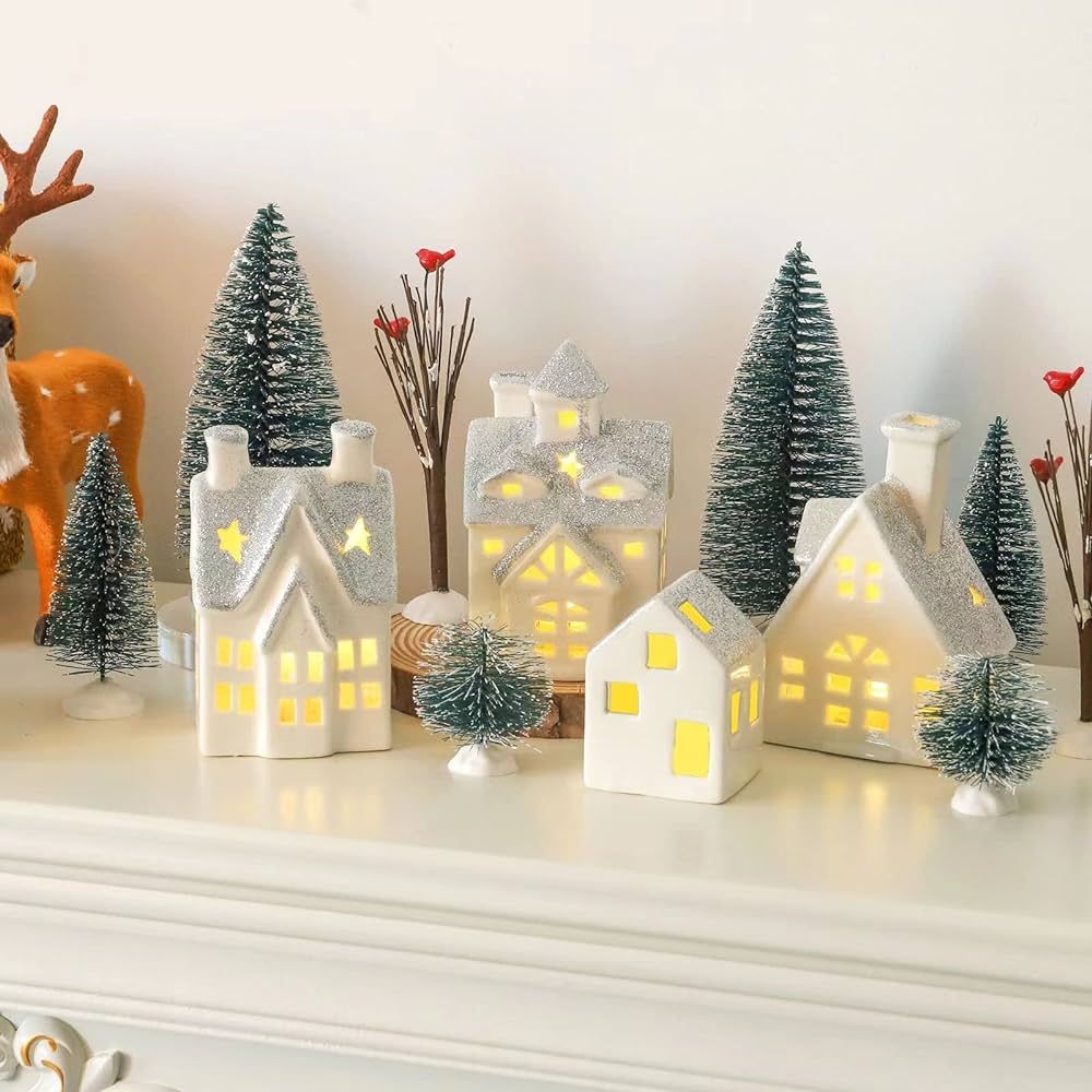 4 Pcs Ceramic Christmas Village Houses with 8 Pcs Christmas Trees Farmhouse White LED Christmas V... | Amazon (US)