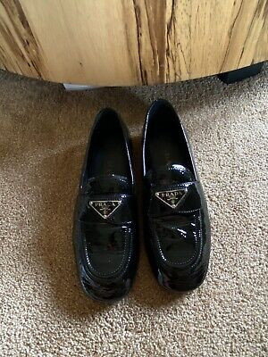 $895 PRADA Patent Leather Driving Flat Loafers Black Nero TRIANGLE Logo 37.5  | eBay | eBay US