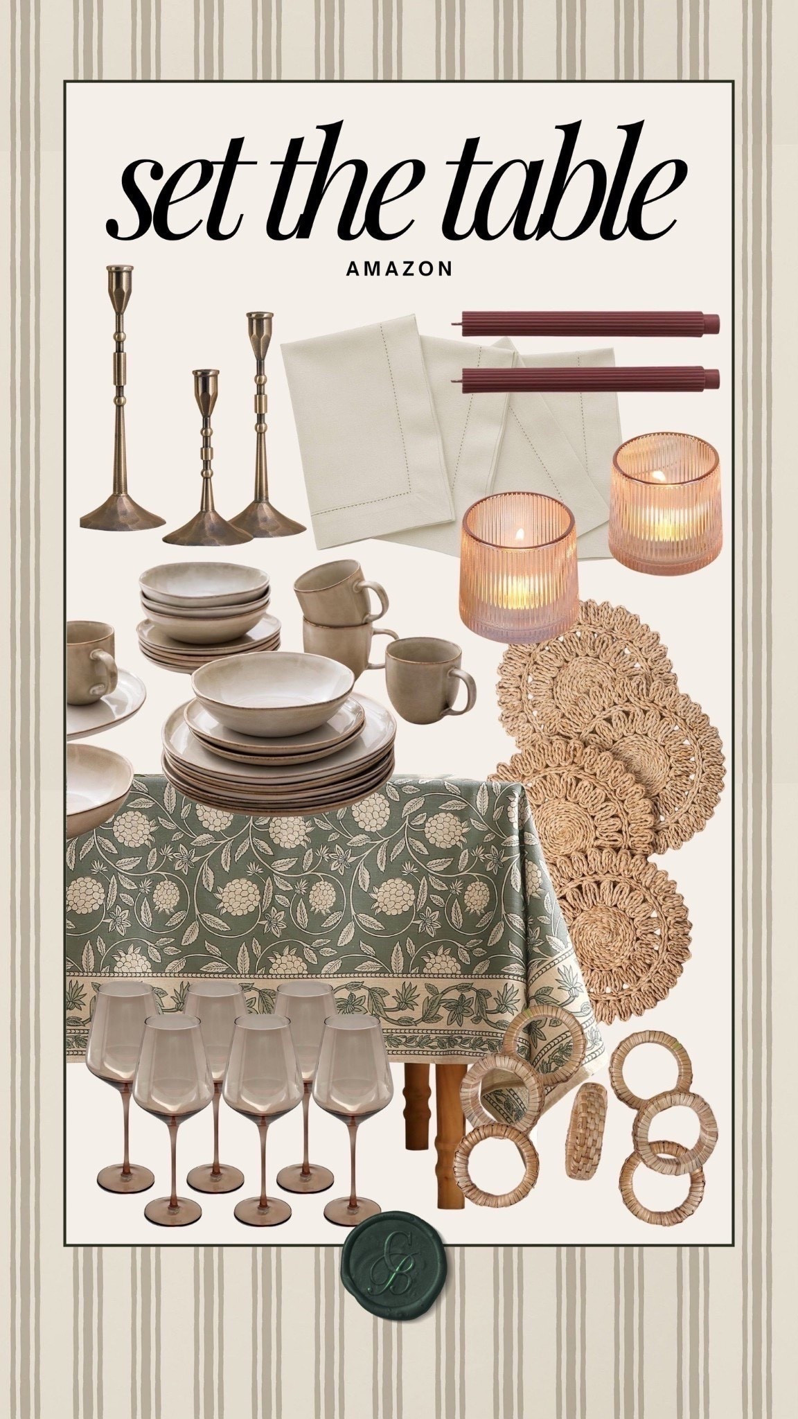This Amazon “Set the Table” collection is all about elevated simplicity with a cozy, natural touch 🤍

It combines warm neutrals and earthy tones with elegant textures — think brass candlesticks, woven placemats and napkin rings, and ribbed glass votives for that soft candlelit glow. The stoneware dinner set adds a handcrafted charm, while the floral block-print tablecloth brings a subtle, timeless pattern to tie everything together.

Perfect for effortless hosting this season 🌿✨

#AmazonHome #TablescapeInspo #DinnerPartyStyle #NeutralDecor #HostessInspiration #CozyDining 
#LTKStyleTip #LTKFindsUnder50 

#LTKSeasonal #LTKHome #LTKBeauty