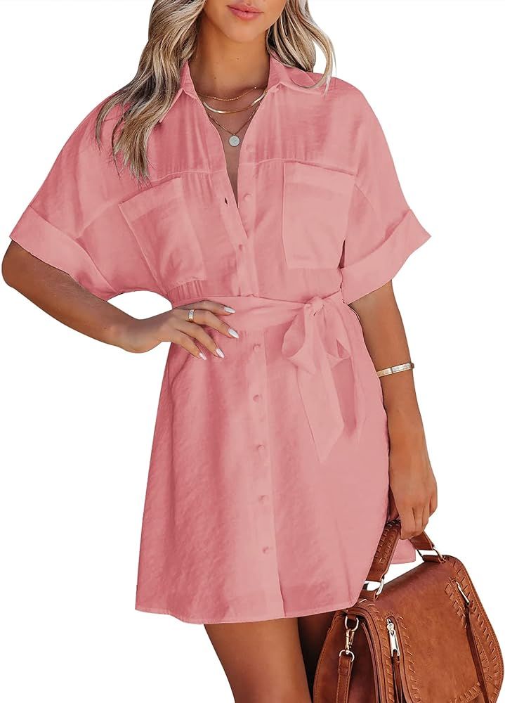Zeagoo Women's Shirt Dress Button Down Summer Casual Short Sleeve Tunic Tops Mini Dresses with Be... | Amazon (US)