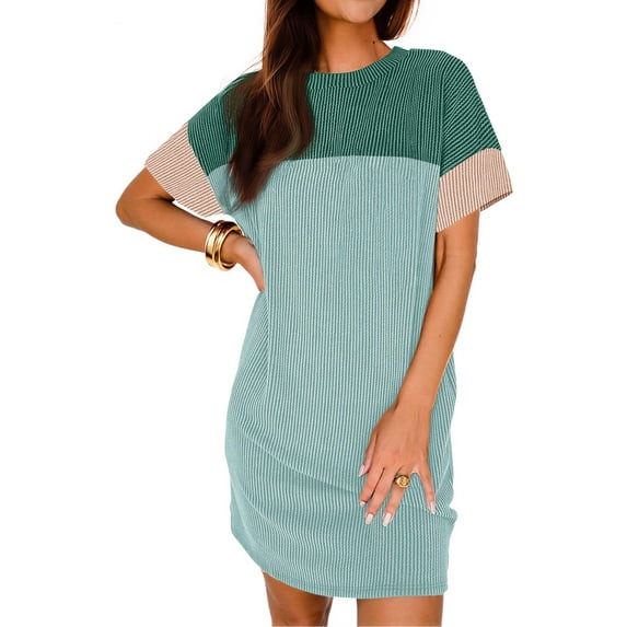 Fantaslook Summer Color Block Dresses for Women Crewneck Short Sleeve T shirts Dress Ribbed Dress... | Walmart (US)