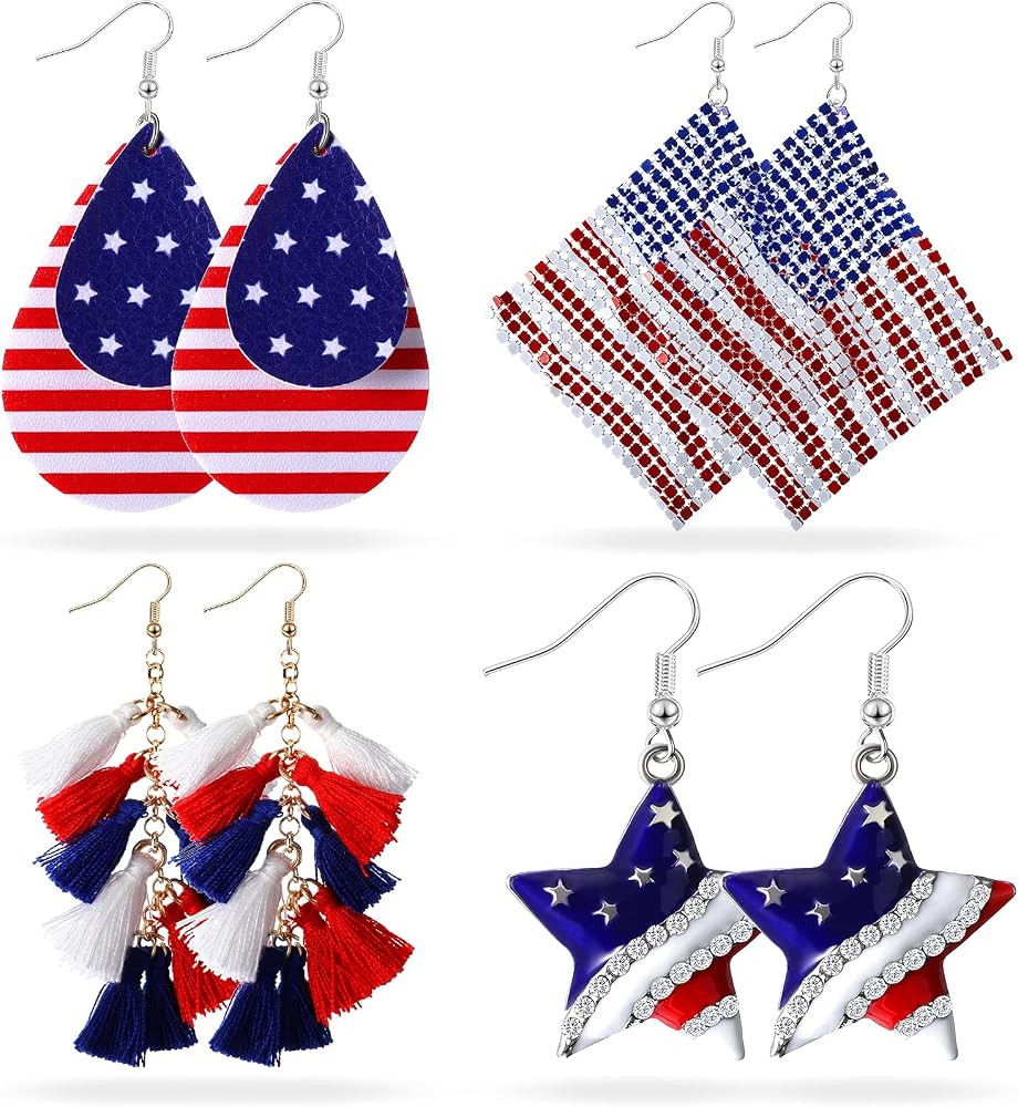 Hicarer 4 Pairs American Flag Earrings for Women Independence Day Patriotic Drop Dangle Earrings ... | Amazon (US)