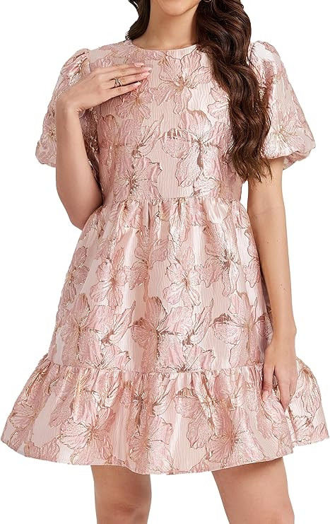 Ladyful Women's Floral Jacquard Mini Dress Short Puff Sleeve Tiered A-Line Dress Summer Elegant S... | Amazon (US)