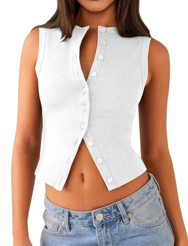 Matunana Womens Going Out Tops Summer Ribbed Tank Sexy Crop Cute Y2K Button Down Sleeveless T Shirts Casual Basic Tee Trendy Fashion Outfits Spring Clothes 2025 White | Amazon (US)