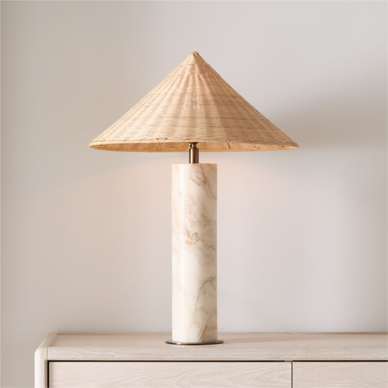 Beachwood Golden Calacatta Marble Table Lamp with Wicker Shade 20.7"" by Brigette Romanek | Crate & Barrel