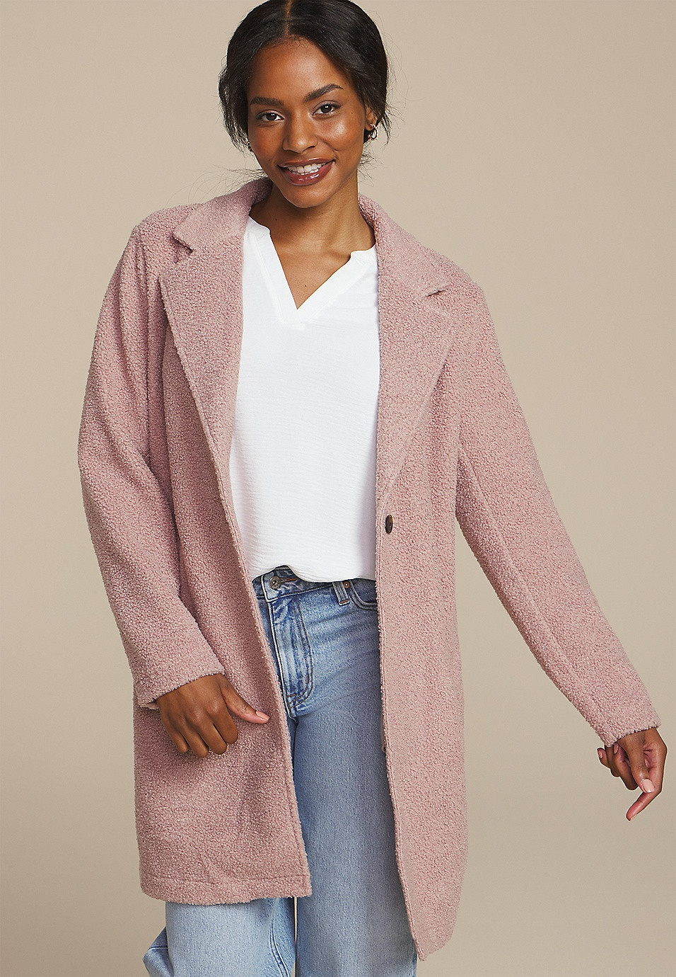 Curly Sherpa Single Button Dress Coat | Maurices