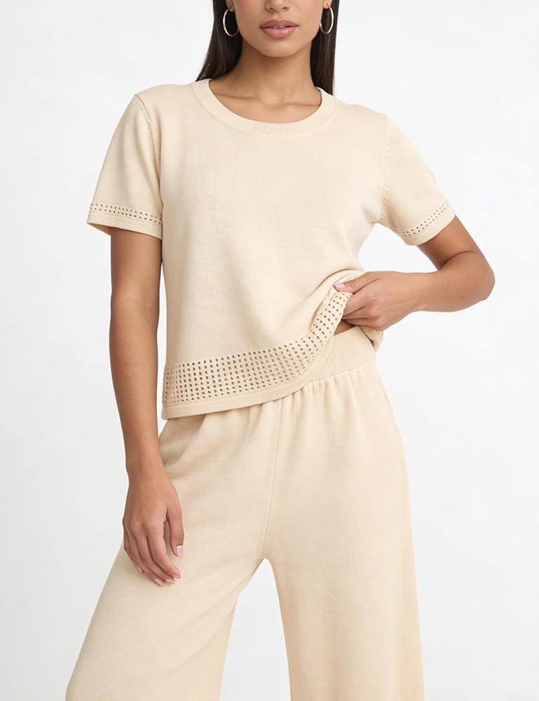 Womens 2 Piece Lounge Set Casual Short Sleeve Knit Top and Wide Leg Pants Outfit Lightweight Travel Set | Amazon (US)