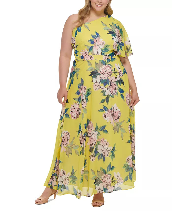 Plus Size One-Shoulder Chiffon Gown | Macys (US)