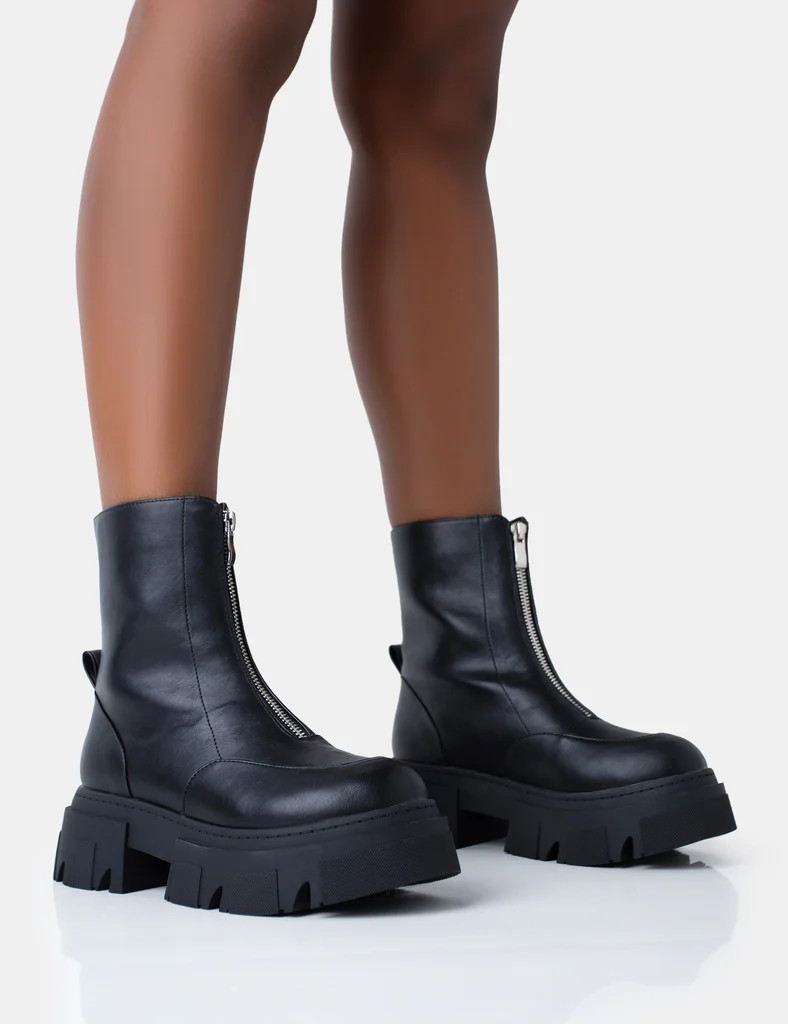 Bergen Black Pu Zip Up Detailed Rounded Toe Chunky Soled Ankle Boots | Public Desire