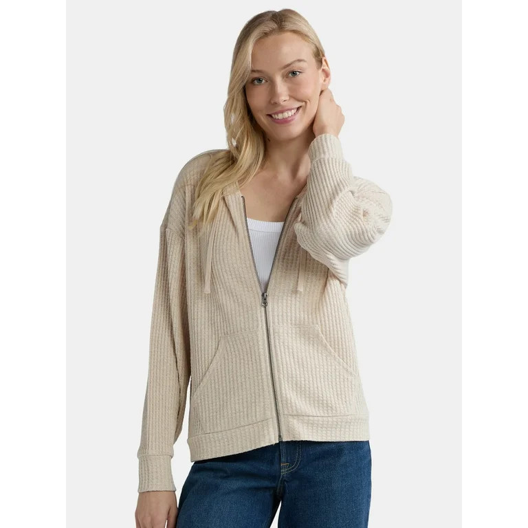 Time and Tru Women's Waffle Full Zip Hoodie with Long Sleeves, Sizes S-XXXL | Walmart (US)