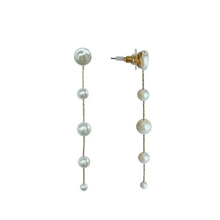 Time and Tru Pearl Linear Gold Plated Drop Earrings with Bullet Backs | Walmart (US)