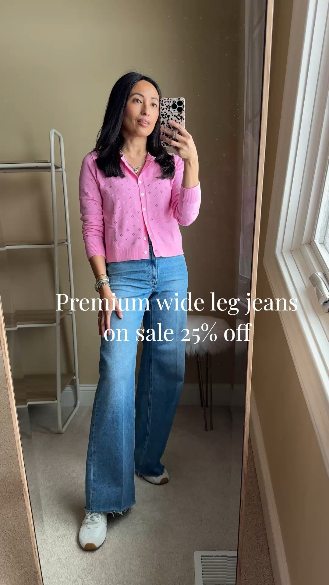 Spring outfit. Premium wide leg jeans are on sale 25% off. Flattering fit on all body types. Soft denim that has stretch, but still keeps its shape. I go between 2 sizes and took my smaller size. Consider sizing down. 
Pink cardigan is a nice spring sweater. I sized up for room to layer. 
Ballet sneakers. Spring sneakers  

#LTKootd #LTKOver40