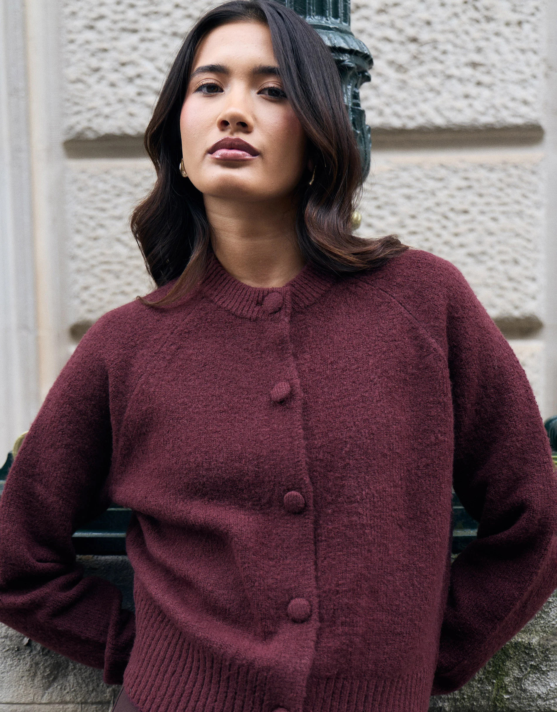 The Relaxed Knitted Cardigan in Plum | Threadbare UK