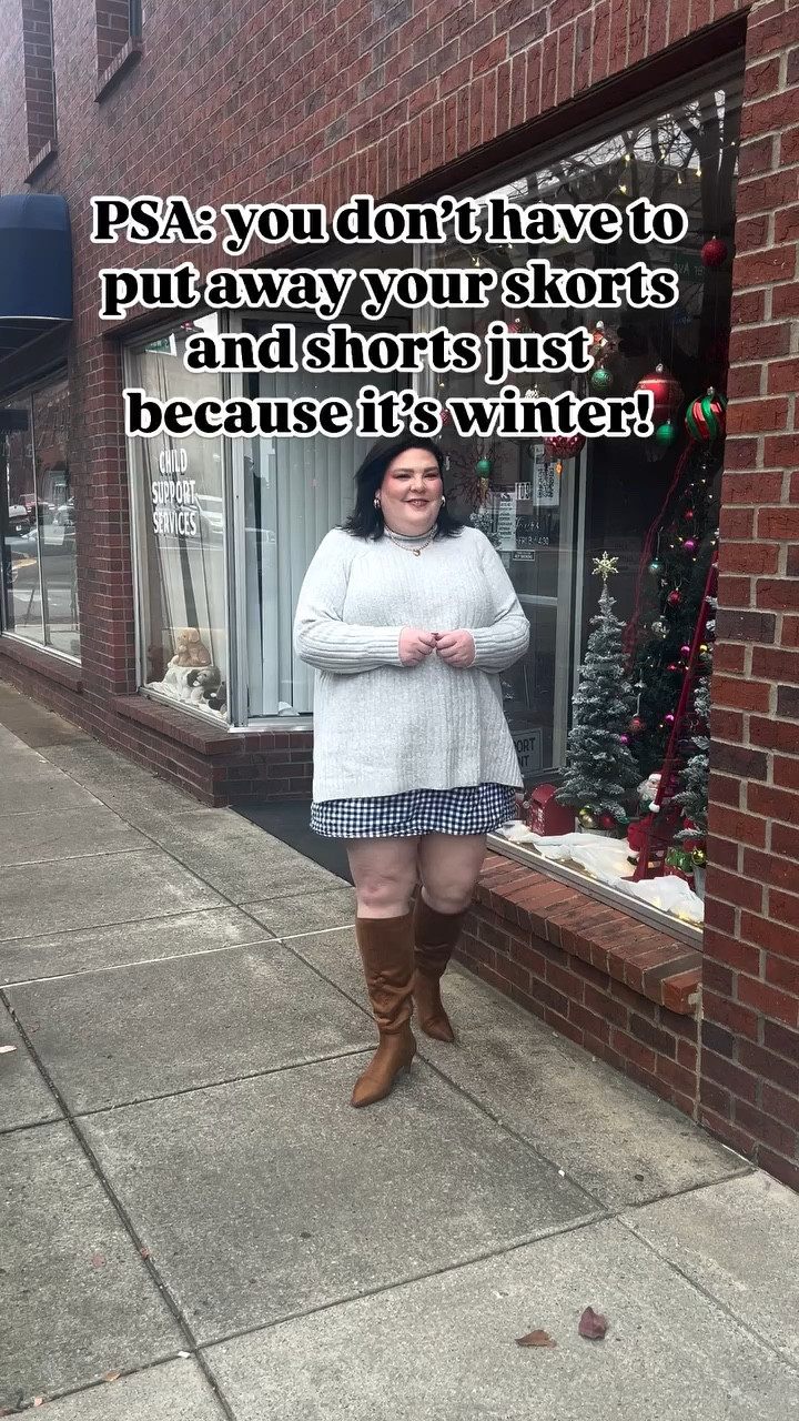 I’m telling you right now…pair your skorts and shorts from the summer with oversized sweaters or blazers + tall boots and they become year round pieces of clothing for your closet.  I love being able to take my summer clothes and style them into plus size outfits for winter!  #plussizeoutfits #plussizeoutfitideas #winteroutfitideas #plussizestyle #size22style #plussizeootd #psootd