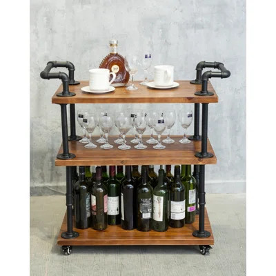 Wood Bar Serving Cart With Wheels, Wine Glass And Bottle Kitchen Storage, Industrial Wood Metal Wine Trolley For Living Room, Dining Room | Wayfair North America