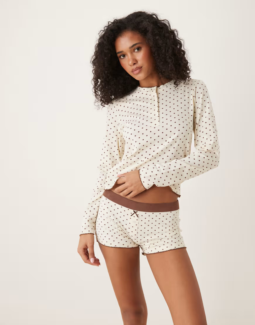 ASOS DESIGN mix & match long sleeve pajama top in cream & brown polka dot print-White | ASOS (Global)