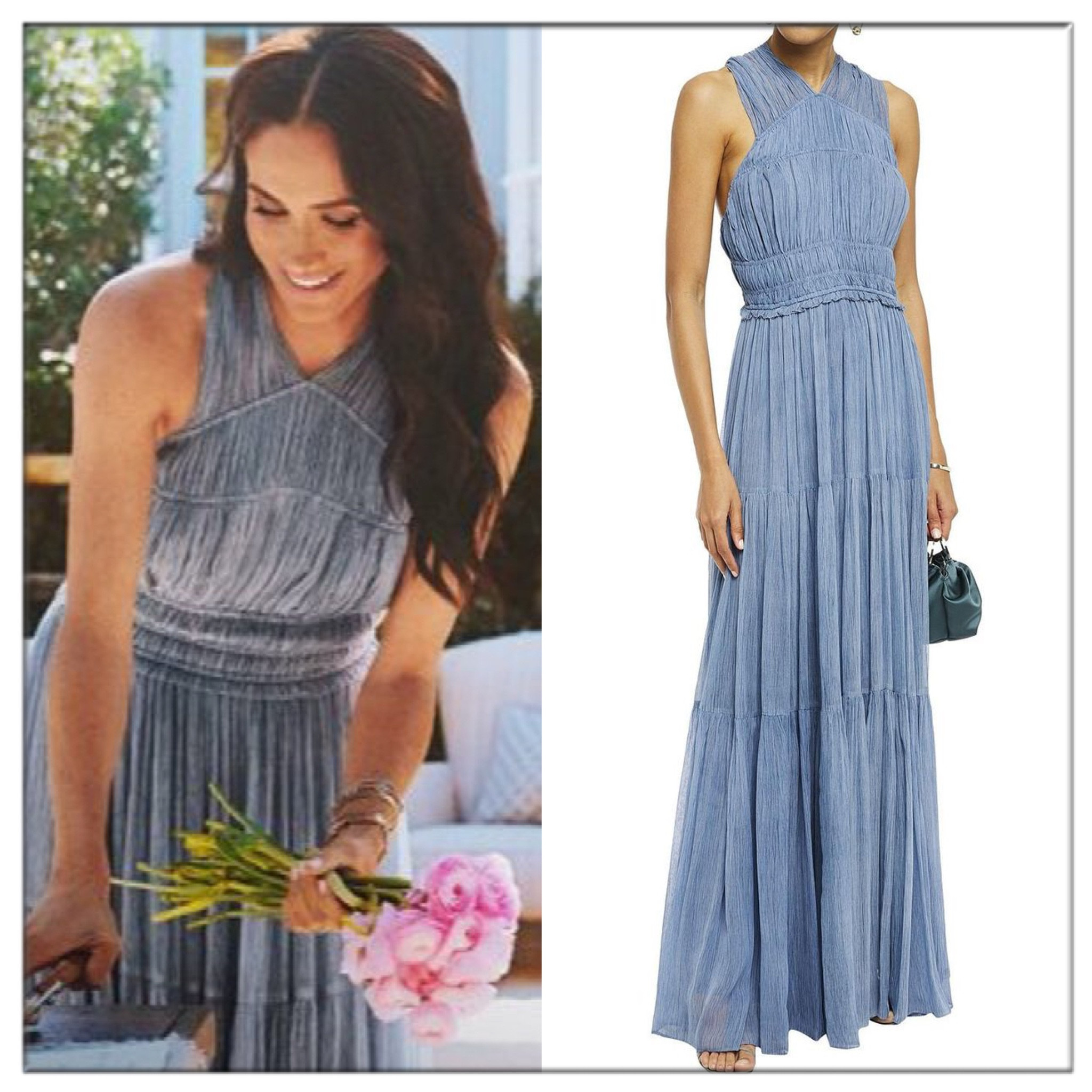 Meghan Markle in her new Netflix cooking show “With Love, Meghan wearing Ulla Johnson Freesia gown in the shade blue/slate  