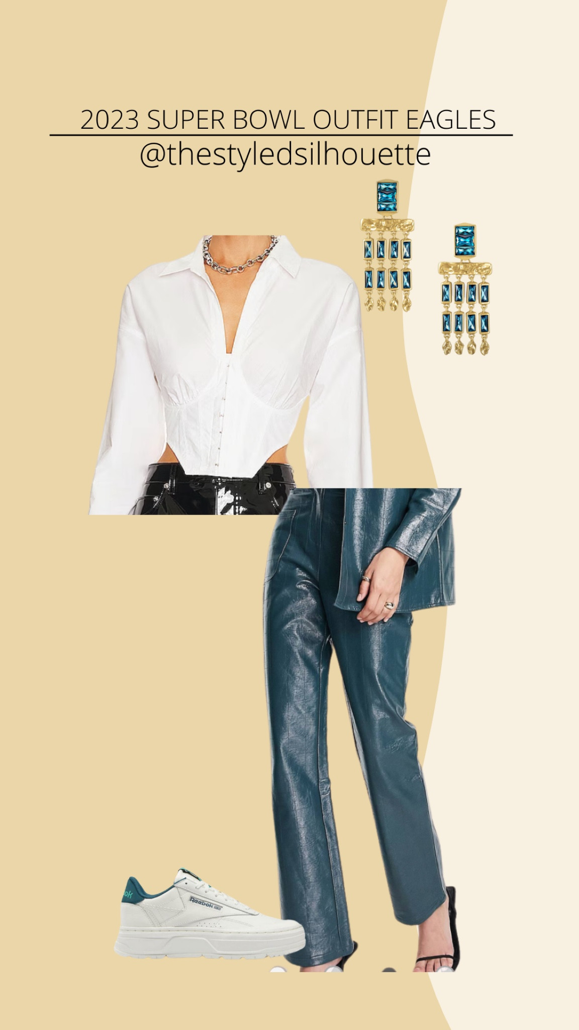 Super Bowl outfits, 2023// eagles, outfit//white corset, button downs//. Teal leather pants// teal earrings// Rebok sneakers 

#LTKshoecrush #LTKstyletip #LTKSeasonal