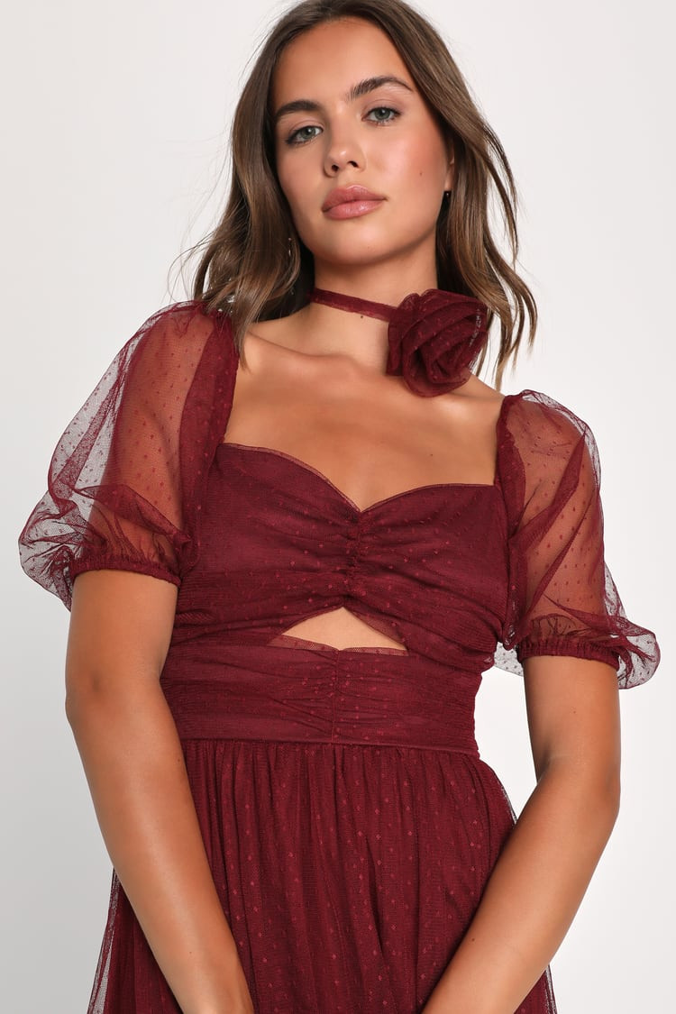 Lovely Instinct Burgundy Swiss Dot Midi Dress With Choker | Lulus (US)