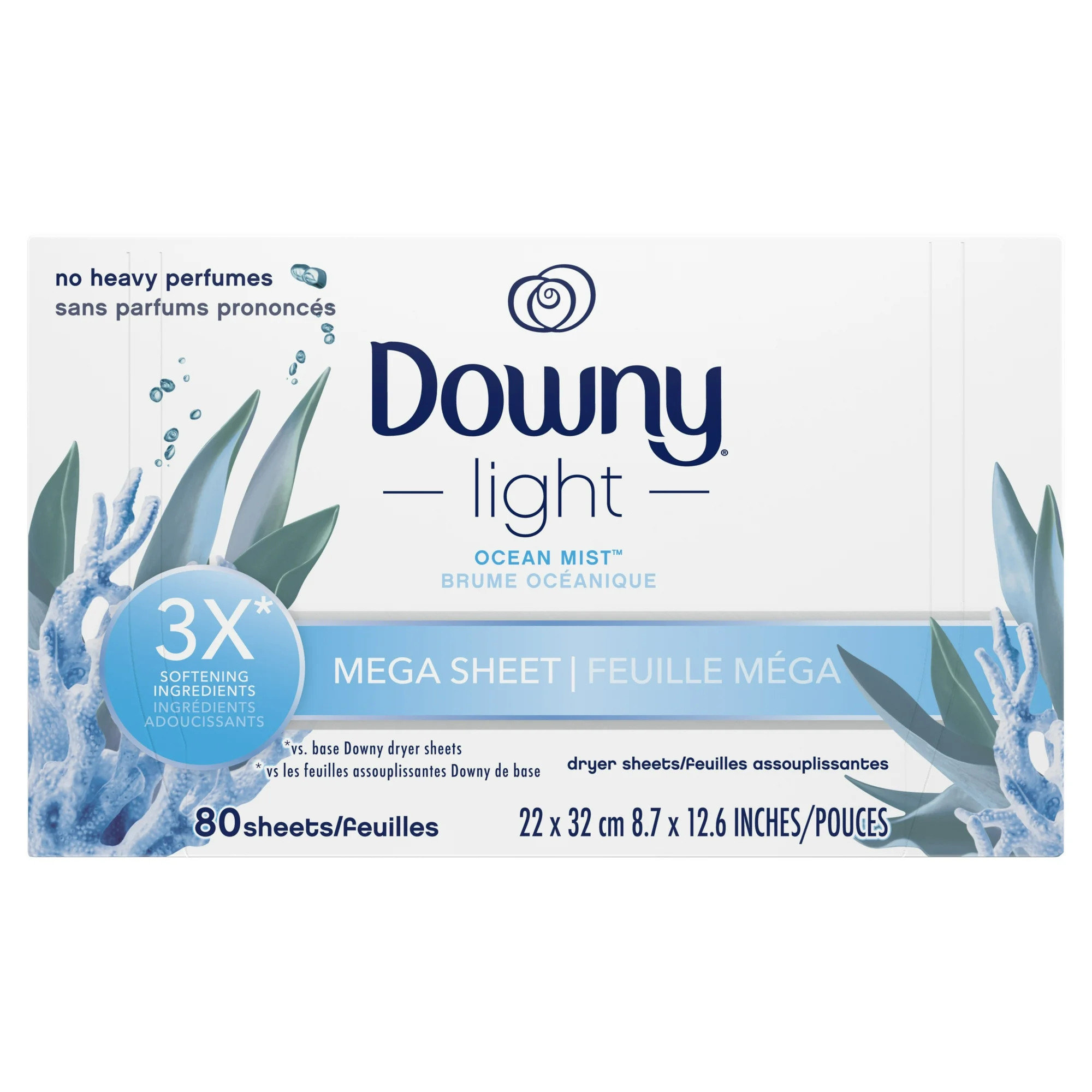 Downy Light Mega Dryer Sheets, Ocean Mist, 80 Count - Walmart.com | Walmart (US)