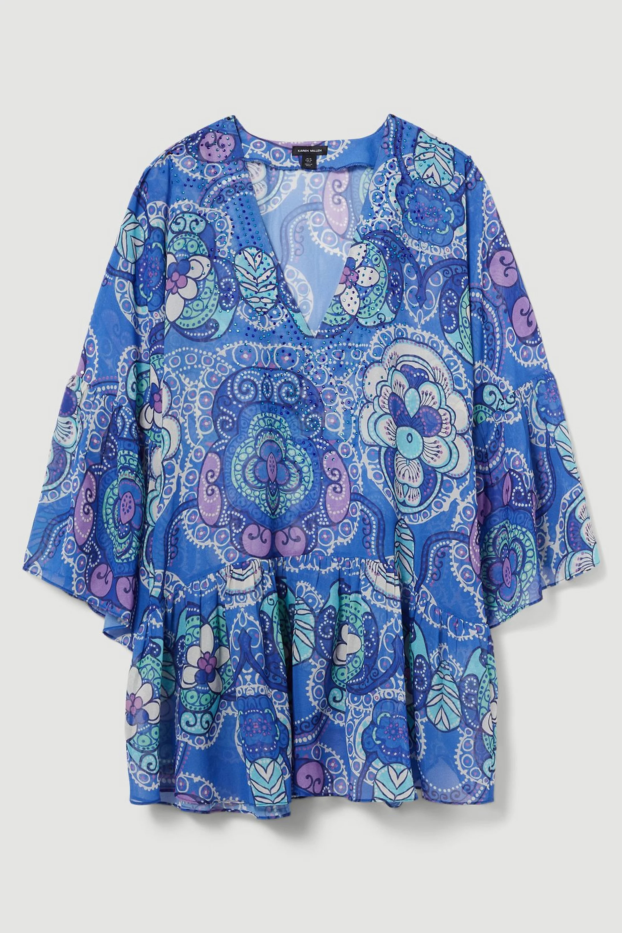Embellished Batik Kimono Sleeve Beach Mini Dress. | Karen Millen UK + IE + DE + NL