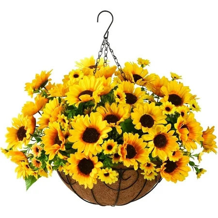 Artificial Sunflowers Basket Fake Hanging Flowers Plants Baskets for Outdoor Spring Summer Decoration, Faux Silk Flowers Look Real UV Resistant for Porch Patio Garden | Walmart (US)
