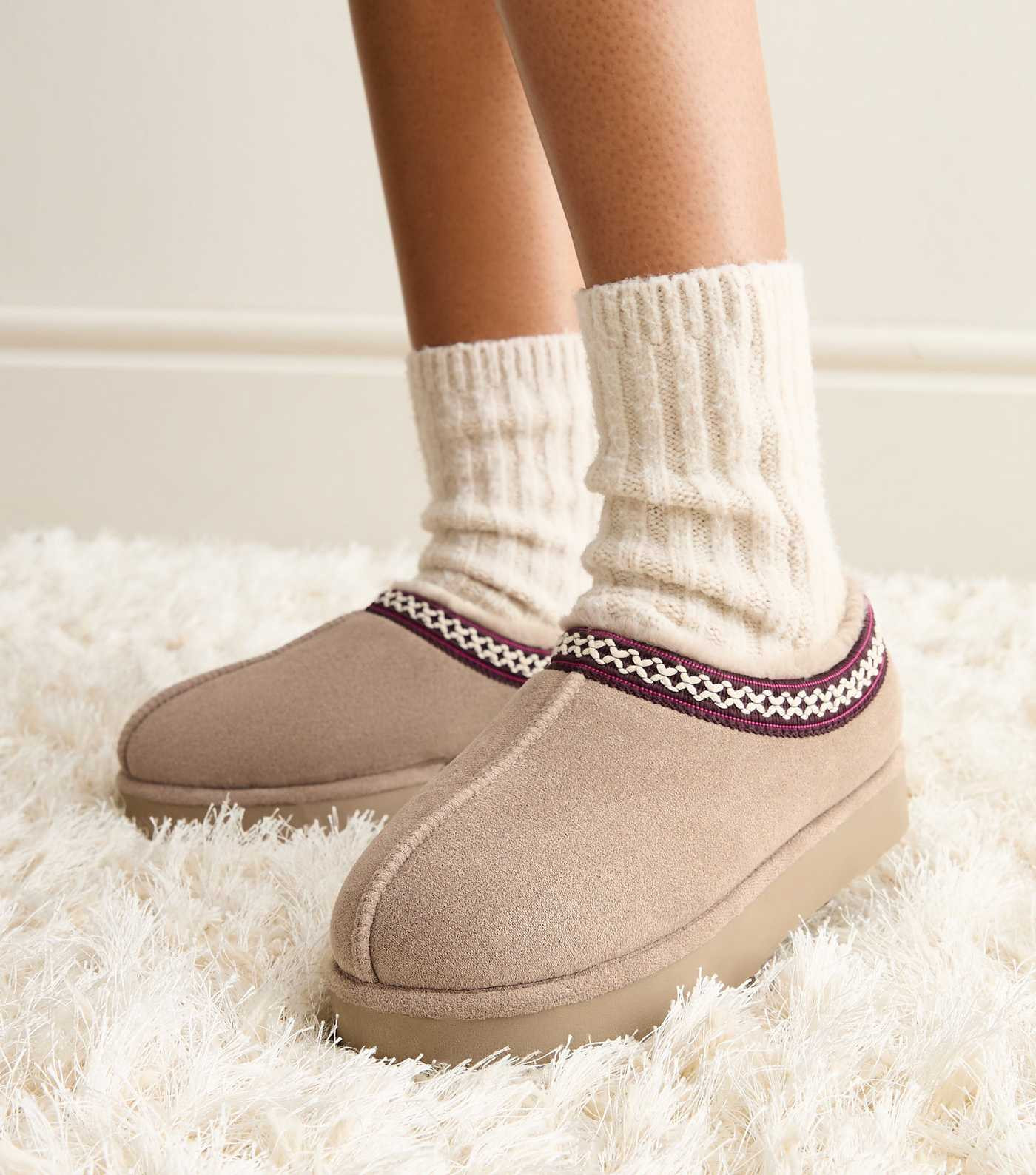 Oatmeal Faux Suede Cross Stitched Faux Fur Lined Slipper Boots | New Look | New Look (UK)