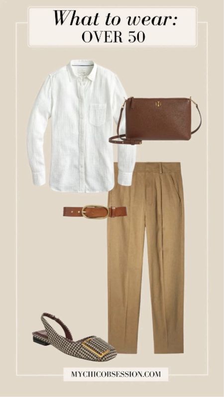 These pants kick things off with their tailored look and pleat details. Next, this double-gauze shirt provides a fun new take on the classic cotton button-up. For shoes, keep it classy and comfy with these stunning slingback flats. Add a belt and crossbody clutch to finish the look. 

#LTKSeasonal #LTKstyletip #LTKover40