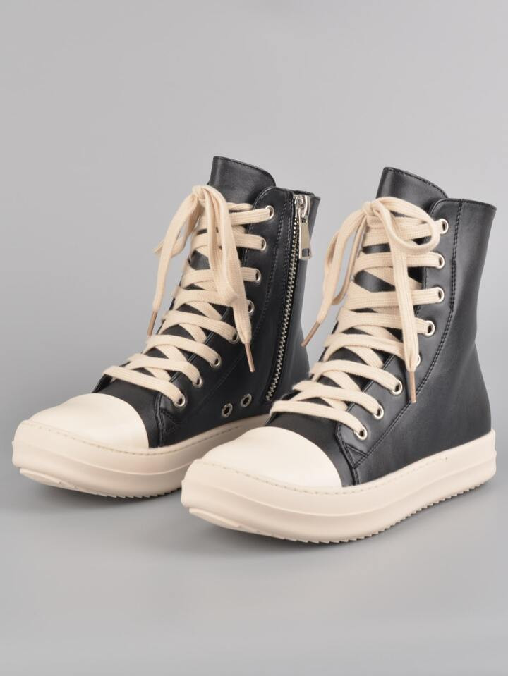 Men's High-top Fashion Sneakers With Thick Black Pu Leather Sole And Criss-cross Straps | SHEIN