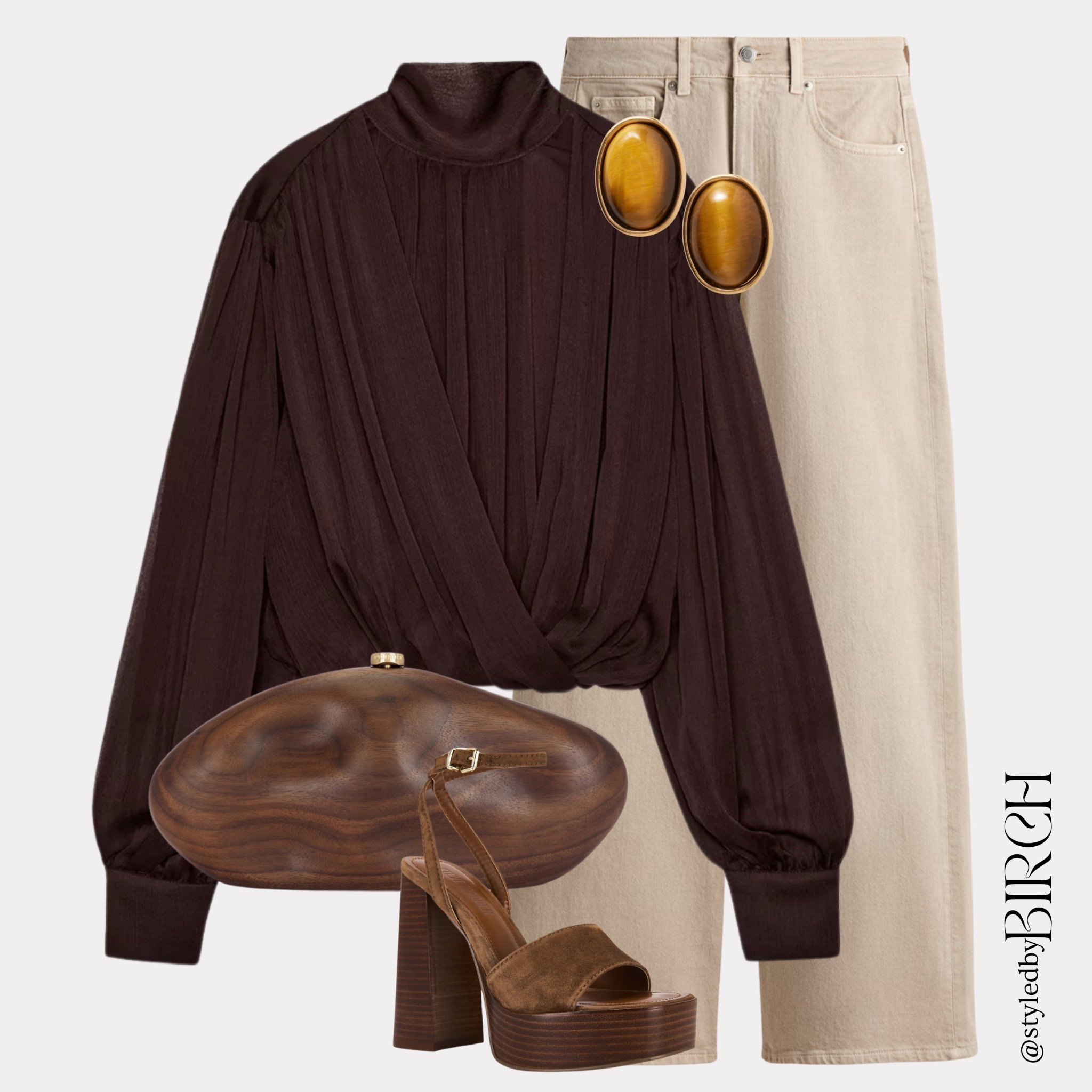 Obsessed with how the wooden clutch ties the whole outfit together. But honestly these heels are the real star for me 😍 

Now someone tell me why I’m already imagining them with a white dress and a tan on holiday☀️

#ootd #outfitinspo #brownaesthetic #neutralstyle #chicstyle

Tags 🏷️ 
Dark brown draped blouse, ecru wide leg jeans, tiger eye earrings, wooden clutch, brown suede platform heels

#LTKmodest #LTKspring #LTKeurope