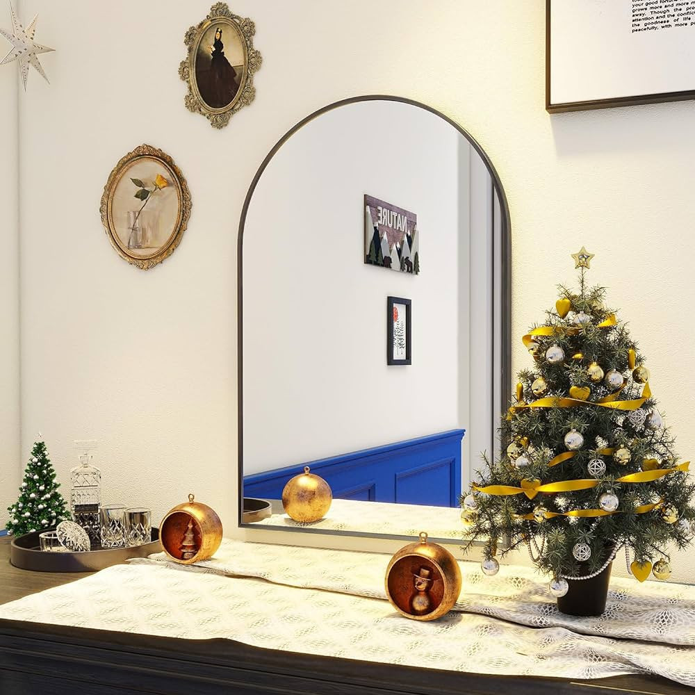 BEAUTYPEAK Wall Mounted Mirror, 16"x24" Arch Bathroom Mirror, Black Vanity Wall Mirror w/Metal Fr... | Amazon (US)