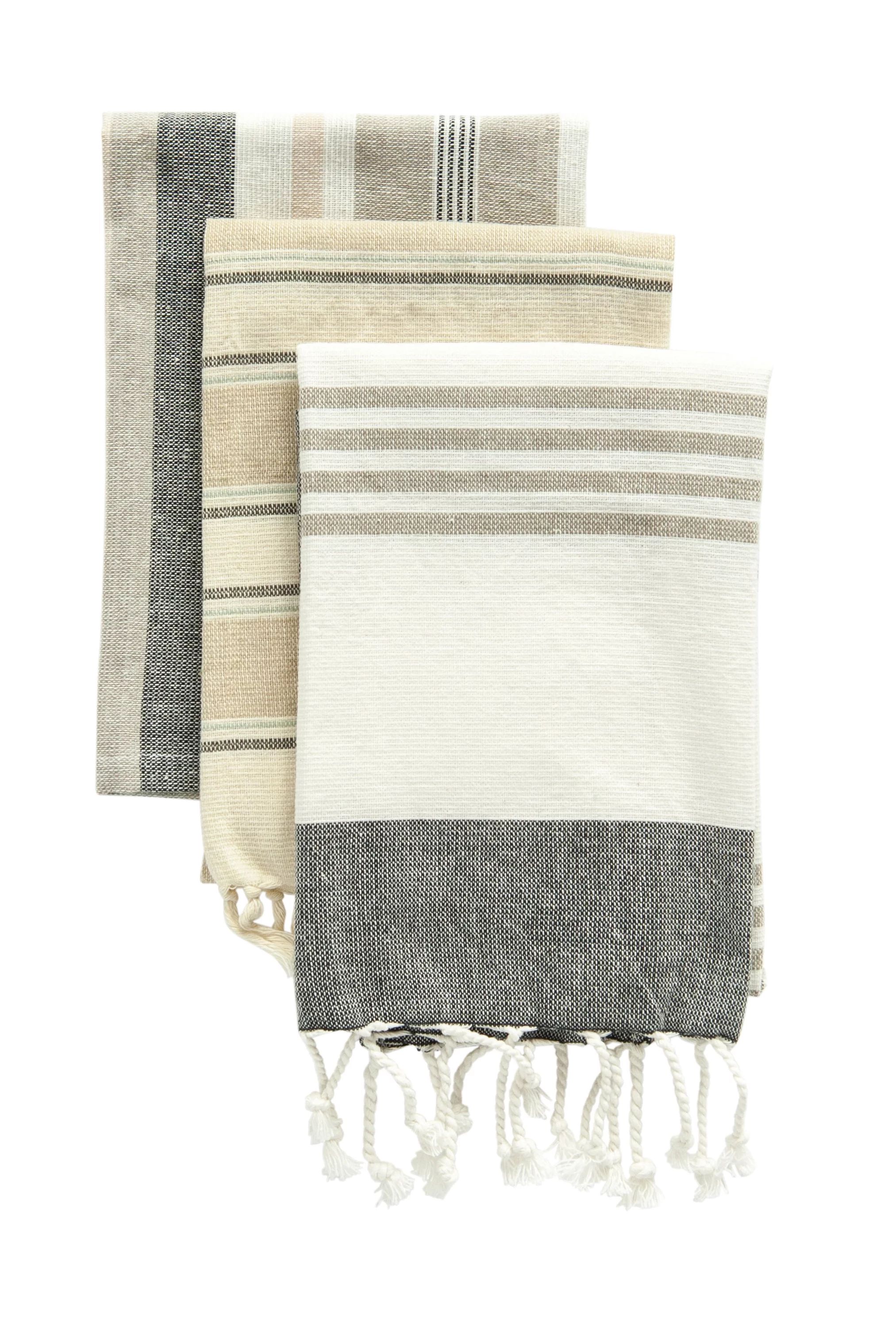 Creative Co-Op Grey & Tan Striped Cotton Tea Towels with Tassels (Set of 3) - Walmart.com | Walmart (US)