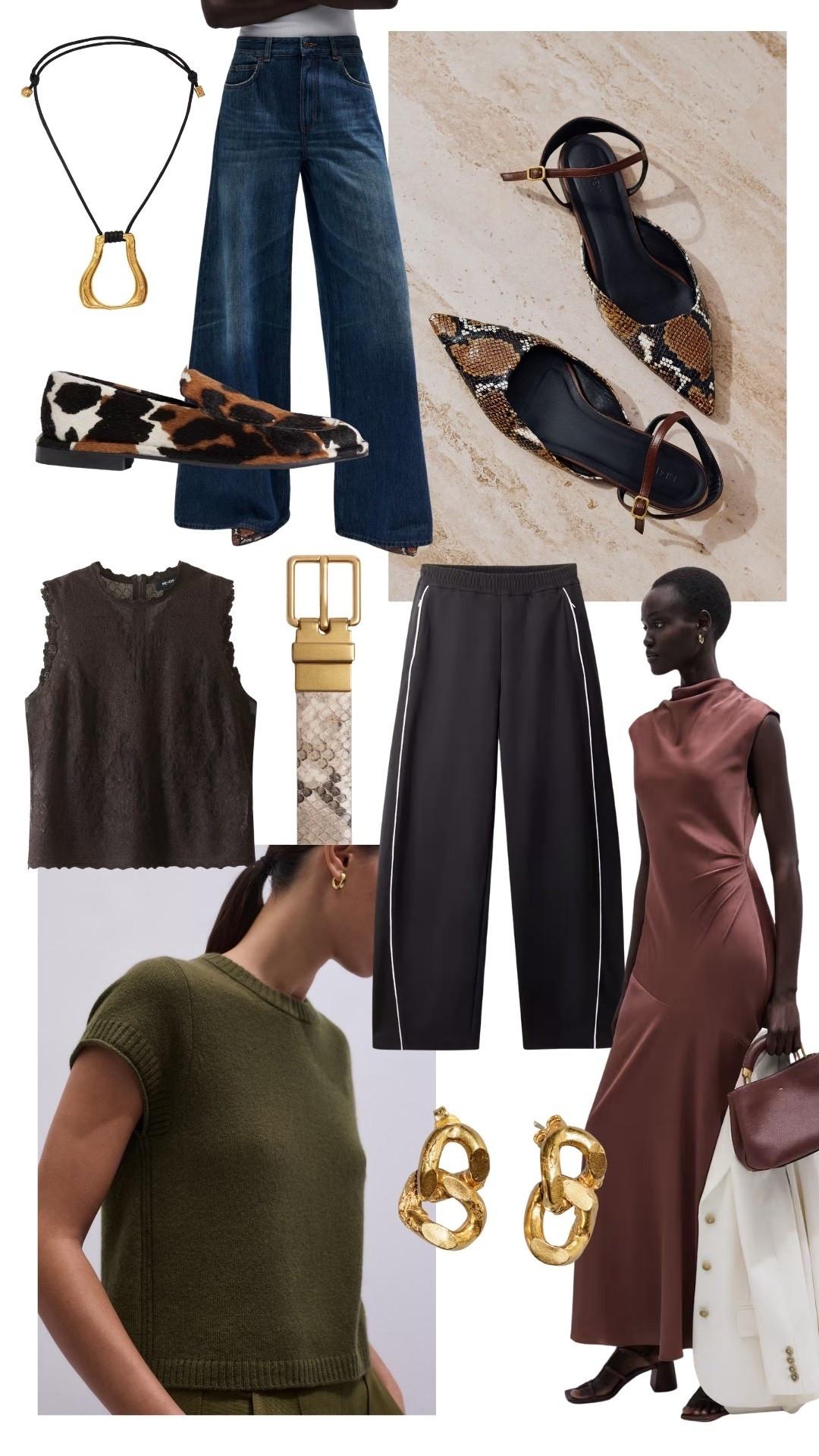 New in at ME + EM for spring. This one’s for the animal print lovers - loafers and belts. Earthy tones of olive green and chocolate brown, nice top and jeans, statement gold jewellery and some dress season inspo too.

#LTKstyletip #LTKshoes #LTKspring