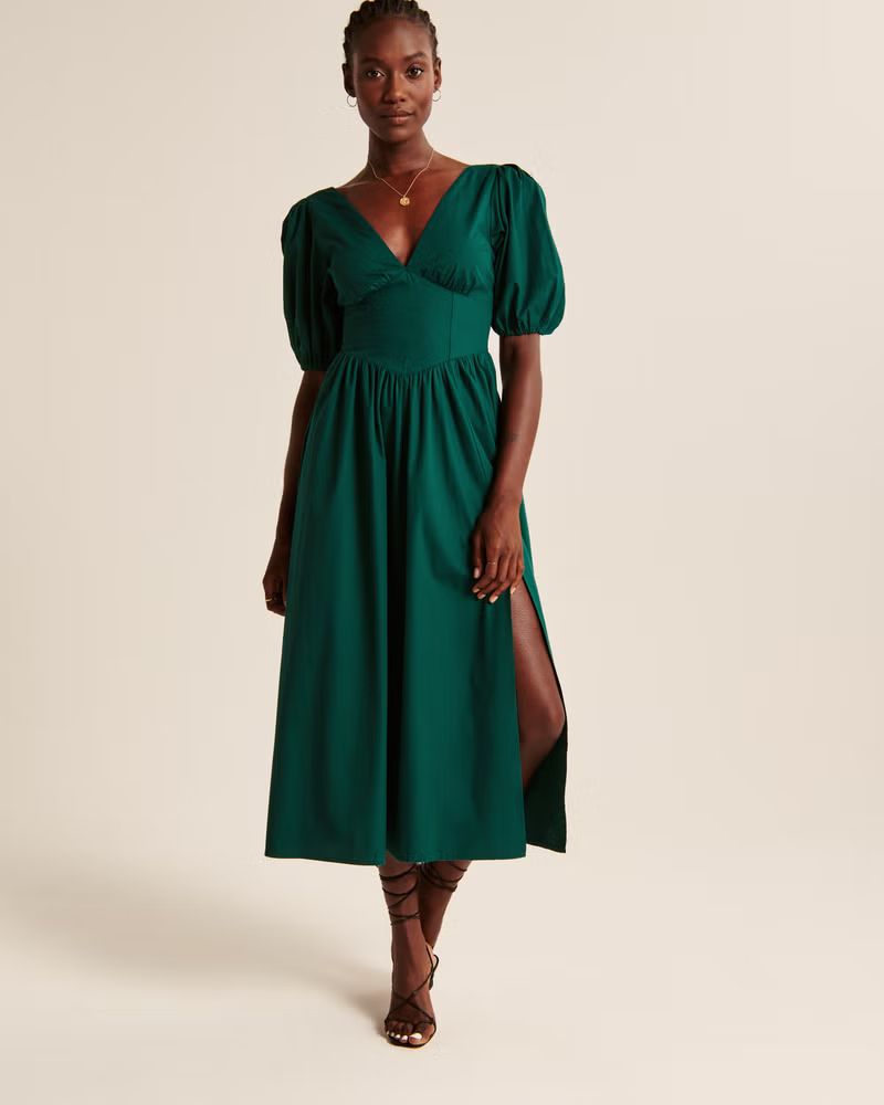 Women's Puff Sleeve Corset Midi Dress | Women's New Arrivals | Abercrombie.com | Abercrombie & Fitch (US)