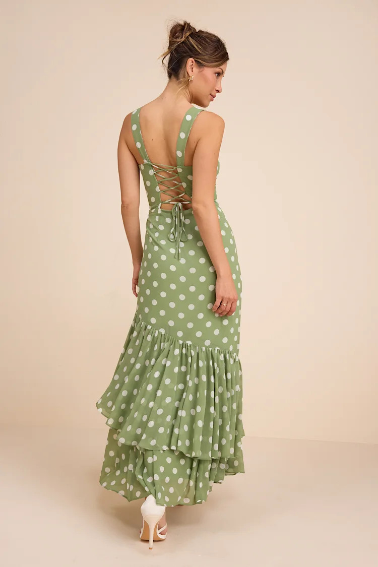 Raynelle Light Green Polka Dot Lace-Up Tiered Maxi Dress | Lulus