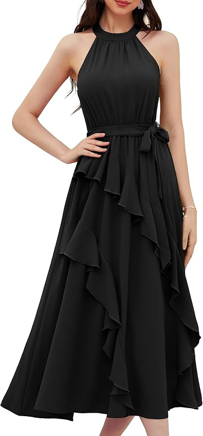 GRACE KARIN Women's 2024 Summer Sleeveless Halter Neck Ruffle Hem Split Flowy Swing Long Midi Dre... | Amazon (US)
